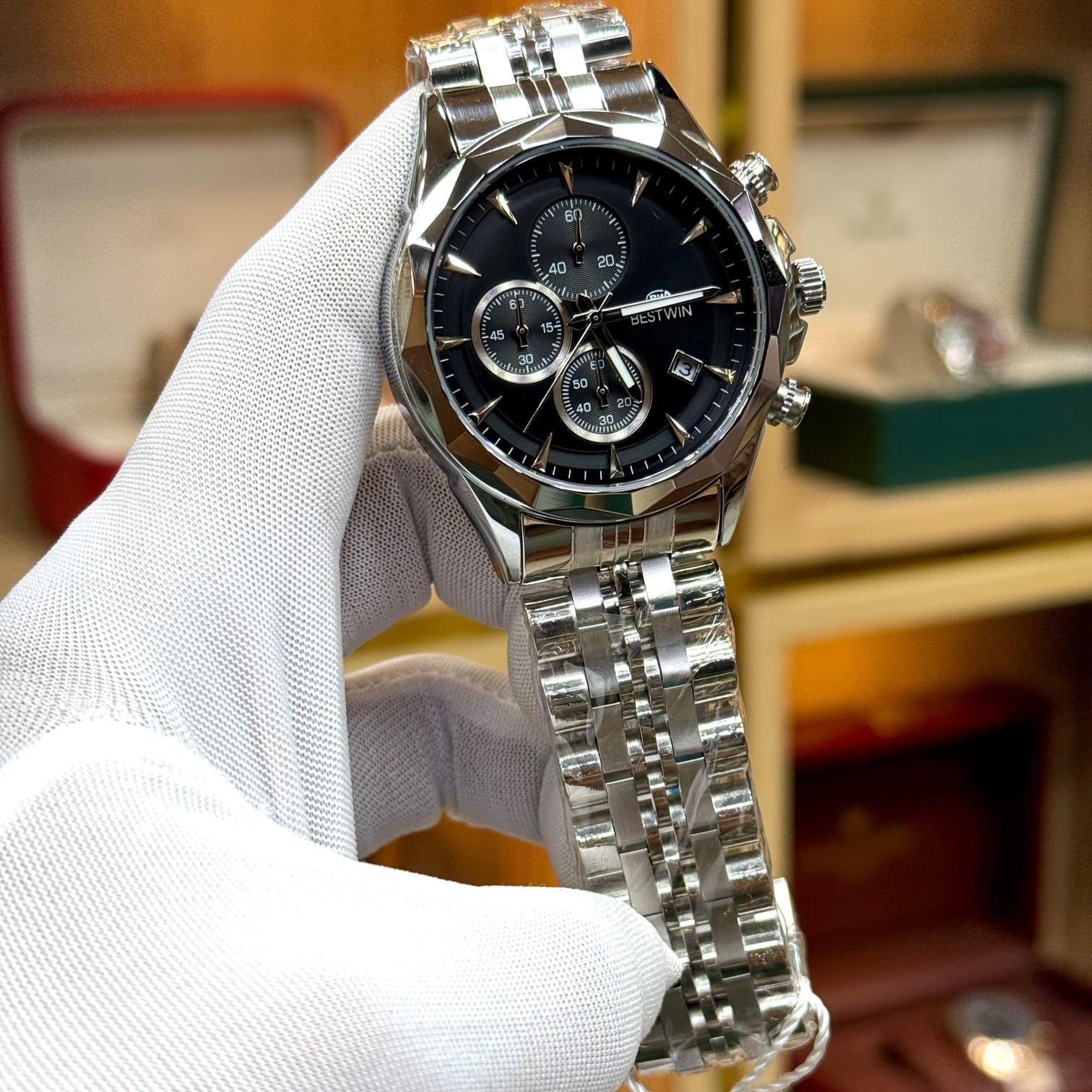 BESTWIN Luxury Silver Chronograph Men's Watch - Stainless Steel Chain with Black Dial & Date Display